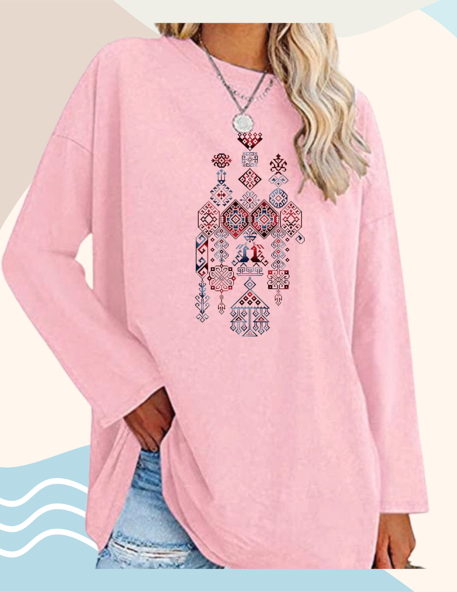 CREWNECK PALESTINE TATREEZ BLUE DESIGN